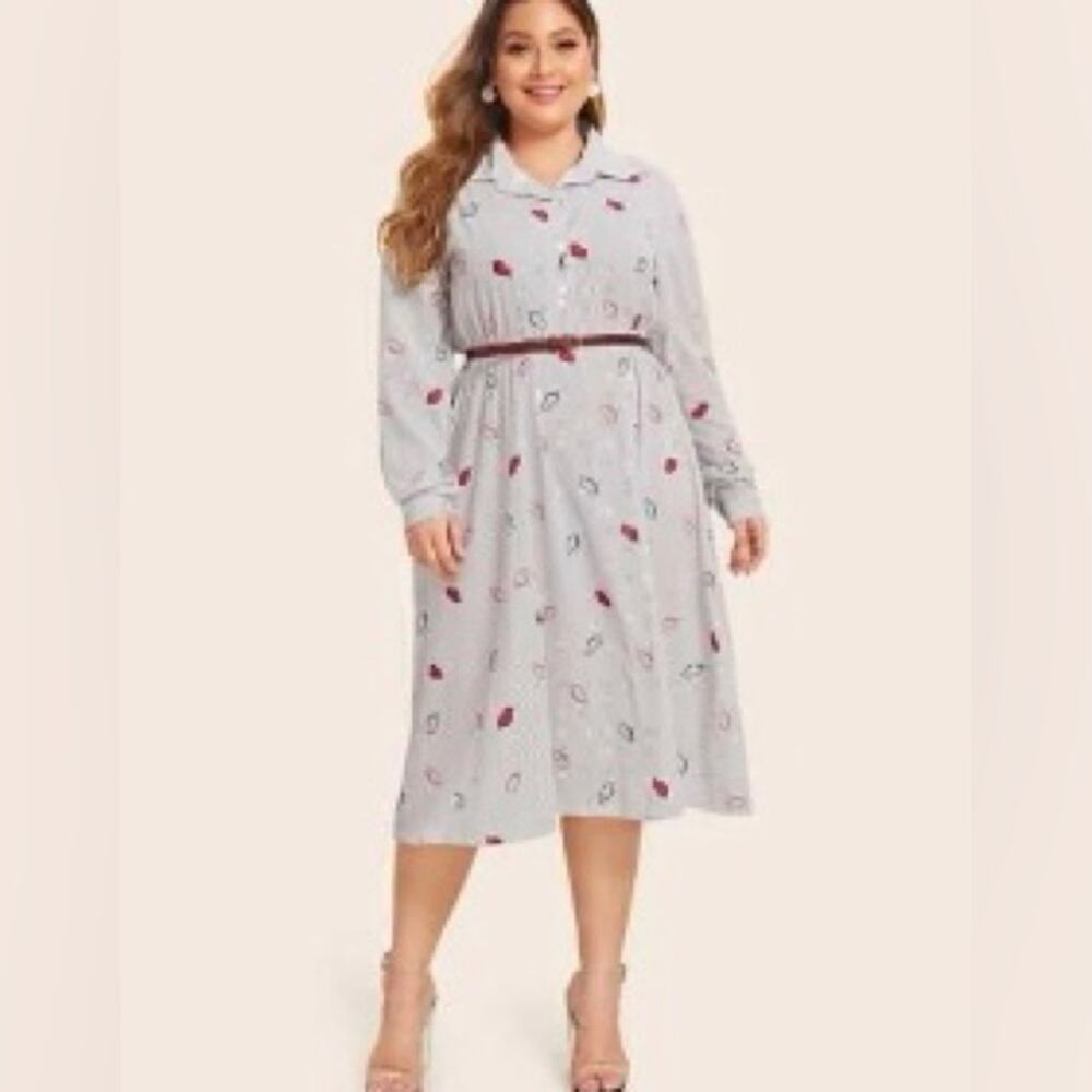 SHEIN Plus Polka Dot & Lips Print Shirt Dress without belt sz 2x